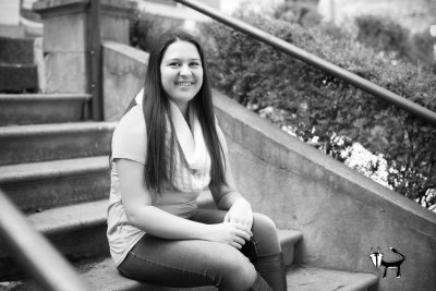 on the steps at schells' brewery new ulm mn senior pictures